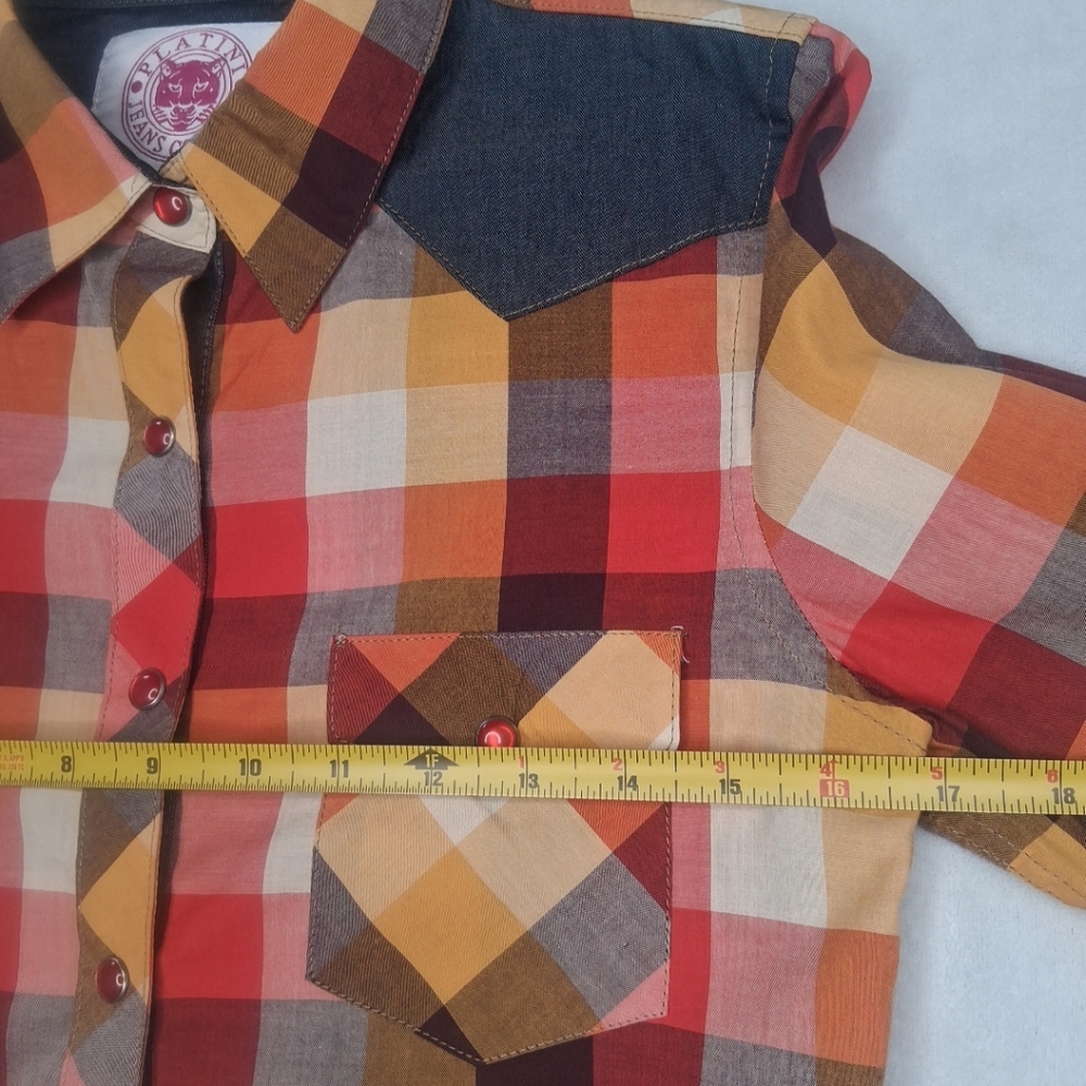 Platini Jeans Cougar Button Up Shirt Womens Multicolor Plaid Western Cowgirl M - Picture 12 of 15